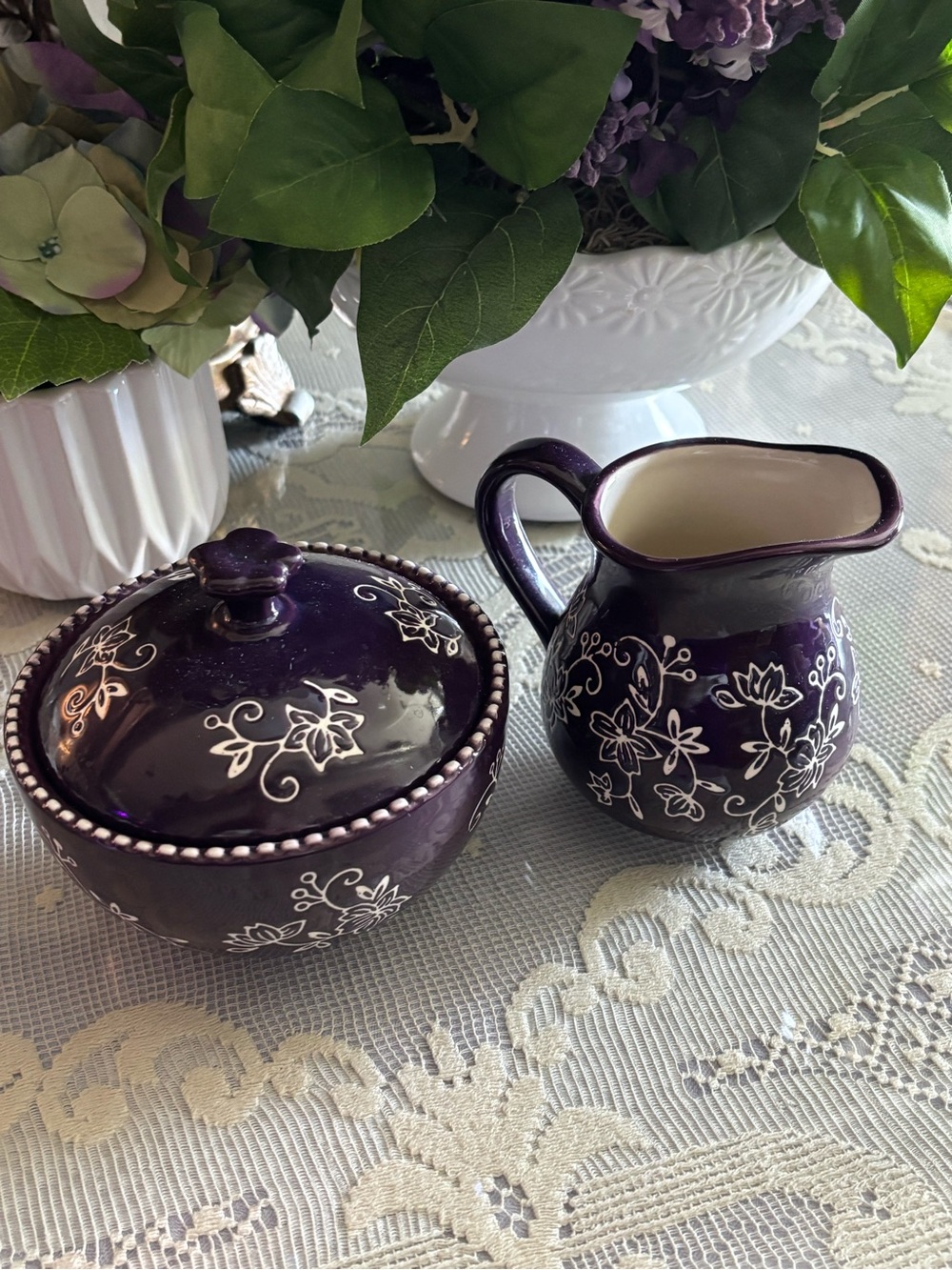 Temptations Purple Floral Creamer and Covered Sugar Bowl